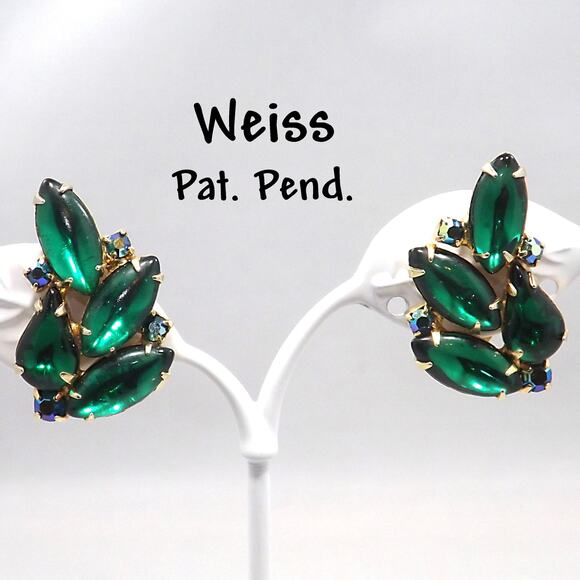 Vintage WEISS Green Clip Earrings Gold Plated Green AB Rhinestones 1960s